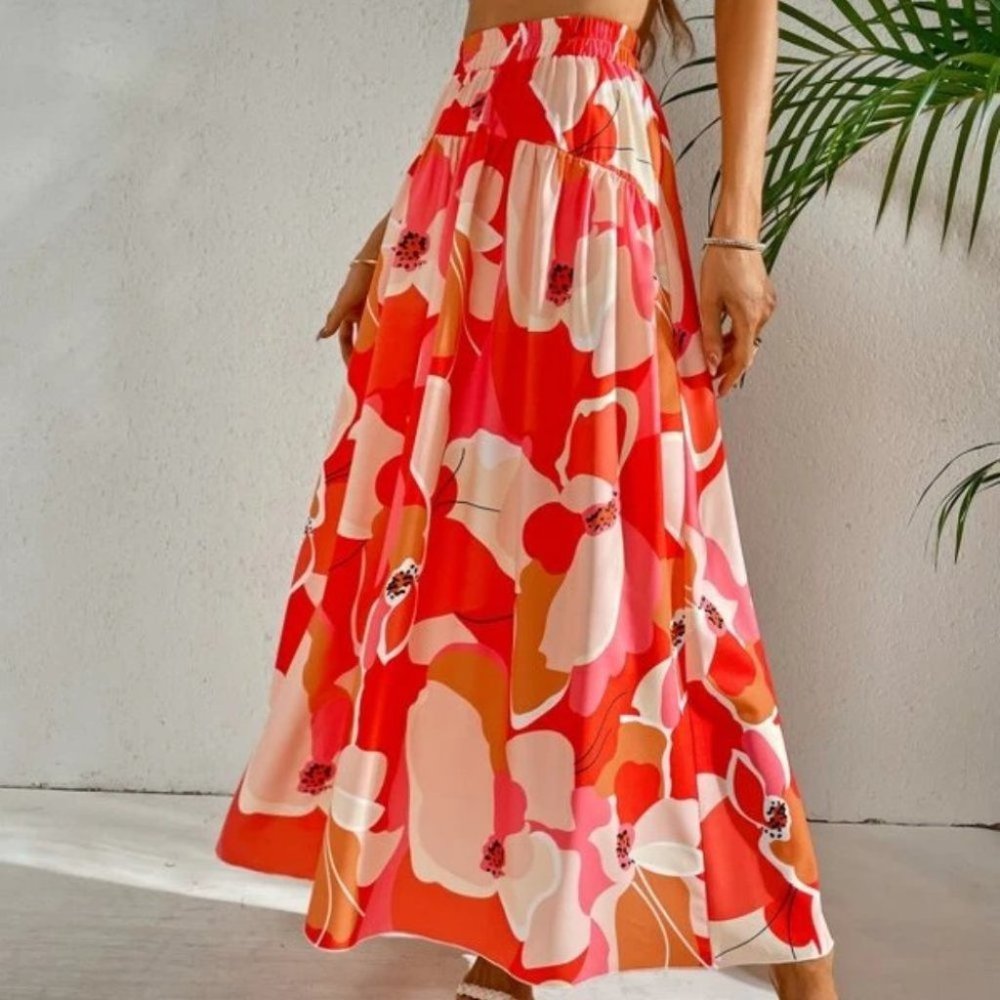 Boho Floral Tropical Maxi Skirt Vacation RED - Picture 5 of 9